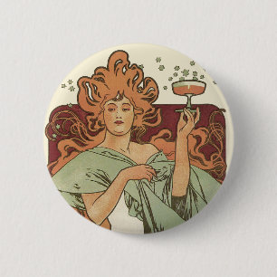 Vintage Art Nouveau by Mucha, Champagne Party 6 Cm Round Badge