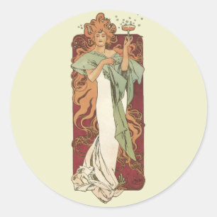 Vintage Art Nouveau, Champagne by Alphonse Mucha Classic Round Sticker