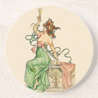 Vintage Art Nouveau Champagne Lady Illustration  Coaster
