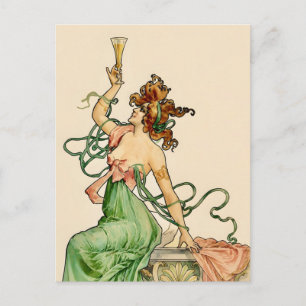 Vintage Art Nouveau Champagne Lady Illustration Invitation Postcard