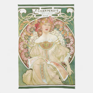 Vintage Art Nouveau, Champenois by Alphonse Mucha Tea Towel
