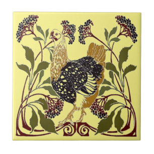 Vintage Art Nouveau Chicken & Flowers Ceramic Tile
