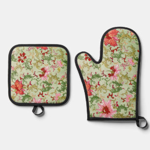 Vintage Art Nouveau Chinese Floral Chinoiserie Oven Mitt & Pot Holder Set