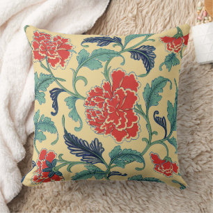 Vintage Art Nouveau Chinese Red Floral Chinoiserie Cushion
