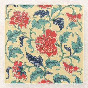 Vintage Art Nouveau Chinese Red Floral Chinoiserie Glass Coaster