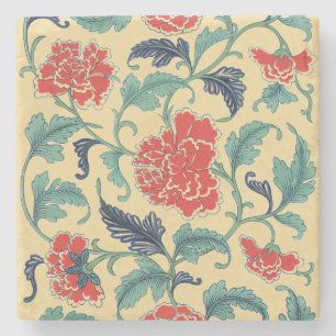 Vintage Art Nouveau Chinese Red Floral Chinoiserie Stone Coaster
