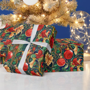 Vintage Art Nouveau Christmas Floral Jewel Tone  Wrapping Paper