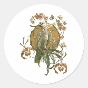 Vintage Art Nouveau, Cockatoo Bird, Orchid Flowers Classic Round Sticker