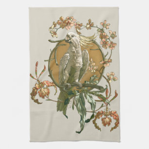 Vintage Art Nouveau, Cockatoo Bird, Orchid Flowers Tea Towel