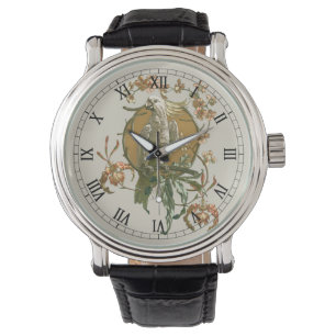 Vintage Art Nouveau, Cockatoo Bird, Orchid Flowers Watch
