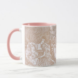 Vintage Art Nouveau Cream Floral Woman & Swans Mug