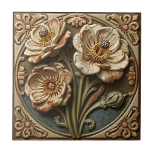 Vintage Art Nouveau Deco Majolica Floral Craftsman Ceramic Tile