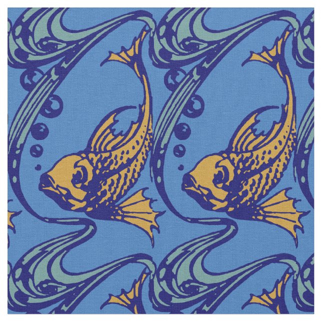 Vintage Art Nouveau Fish Pattern Fabric (Close Up)