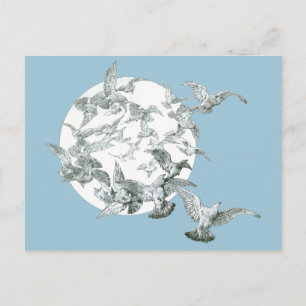 Vintage Art Nouveau Flock of Birds with Full Moon Postcard