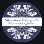 Vintage Art Nouveau Floral Book Plate Classic Round Sticker<br><div class="desc">Taken from an Aubrey Beardsley illustration,  circa 1892,  a deep blue circle and white poppies.  "This book belongs to",  and template for your name on the white band across the centre.</div>
