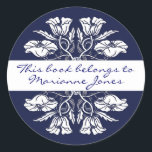 Vintage Art Nouveau Floral Book Plate Classic Round Sticker<br><div class="desc">Taken from an Aubrey Beardsley illustration,  circa 1892,  a deep blue circle and white poppies.  "This book belongs to",  and template for your name on the white band across the centre.</div>