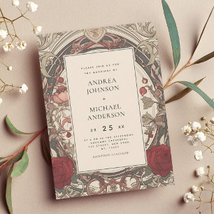 Vintage Art Nouveau Floral Burgundy Wedding Invitation