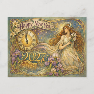 Vintage Art Nouveau Floral Happy New Year 2027 Holiday Postcard