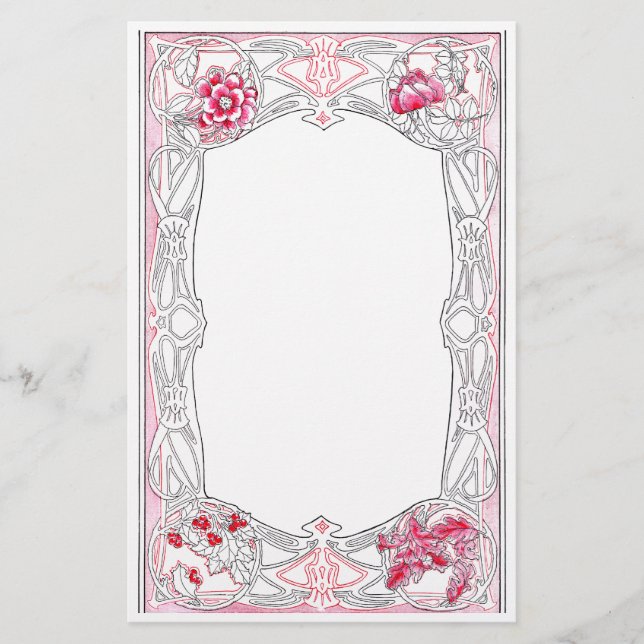 Vintage Art Nouveau Frame with Leaves & Flowers Stationery (Front)