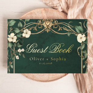 Vintage Art Nouveau Green and Gold Wedding Guest Book