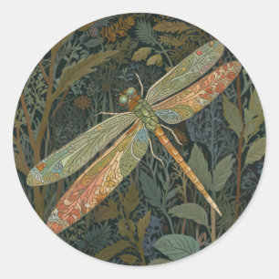 Vintage art nouveau green gold Dragonfly Classic Round Sticker