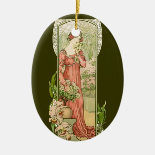 Vintage Art Nouveau Greenhouse Lady Elegant  Ceramic Ornament (Front)