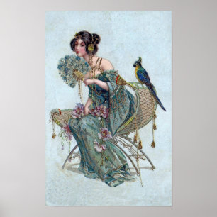 Vintage Art Nouveau Lady & Blue Parrot Art Poster