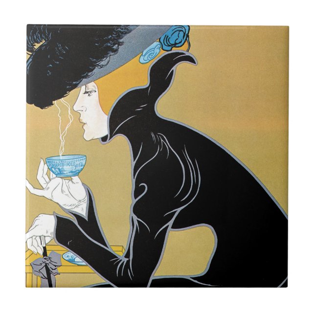 Vintage Art Nouveau, Lady Drinking Marco Polo Tea Ceramic Tile (Front)