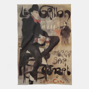 Vintage Art Nouveau Le Grillon, Man Drinking Beer Tea Towel
