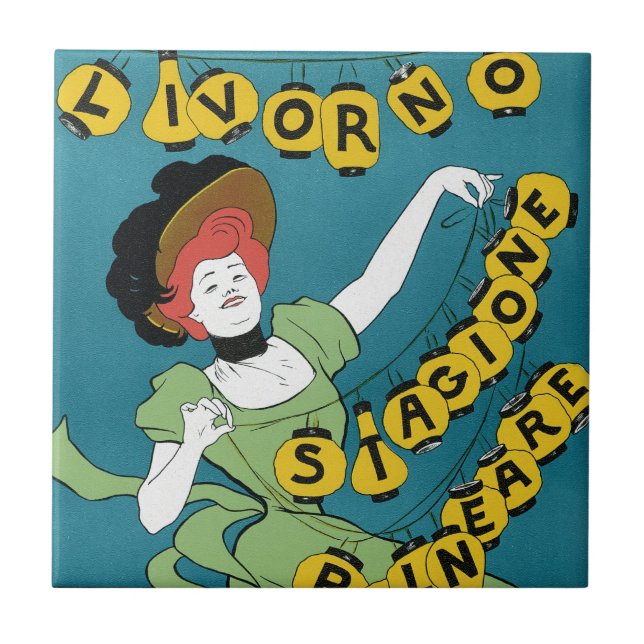 Vintage Art Nouveau, Livorno Senorita Dancing Ceramic Tile (Front)