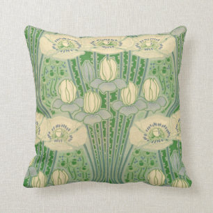 Vintage Art Nouveau Lotus and Poppies Pattern Cushion