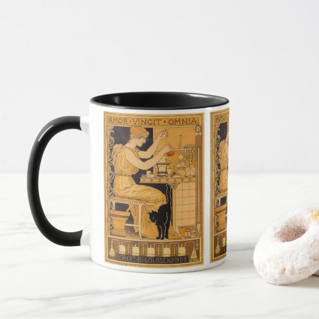 Vintage Art Nouveau, Love Conquers All Scientist Mug (With Donut)