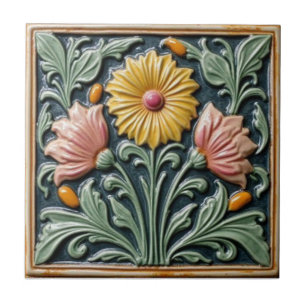 Vintage Art Nouveau Majolica Floral Craftsman Ceramic Tile
