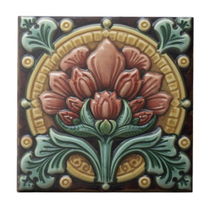 Vintage Art Nouveau  Majolica Floral Craftsman Ceramic Tile