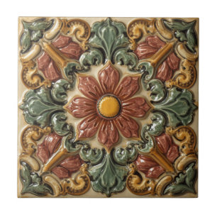 Vintage Art Nouveau  Majolica Floral Craftsman Ceramic Tile