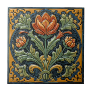 Vintage Art Nouveau  Majolica Floral Craftsman Ceramic Tile