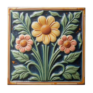 Vintage Art Nouveau Majolica Floral Craftsman Ceramic Tile