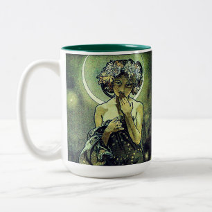 Vintage Art Nouveau Moon by Alphonse Mucha Two-Tone Coffee Mug