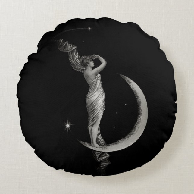 Vintage Art Nouveau Moon Girl Round Cushion (Front)