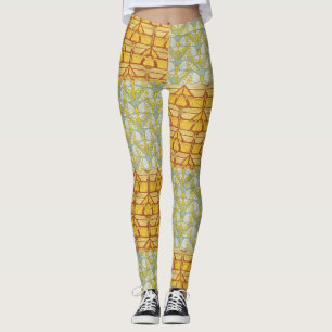 Vintage Art Nouveau Nature Grid Pattern Art Leggings