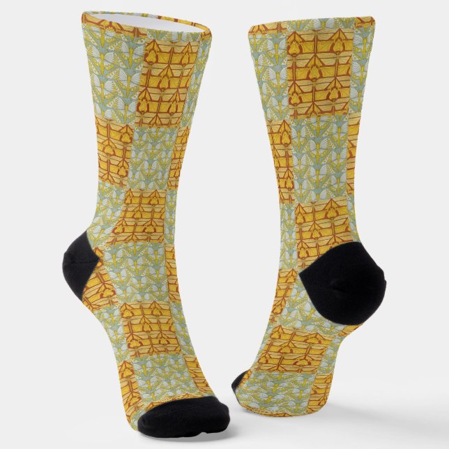 Vintage Art Nouveau Nature Grid Pattern Art Socks (Angled)