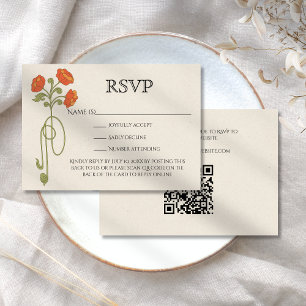 Vintage Art Nouveau Orange Green Flowers QR Code RSVP Card