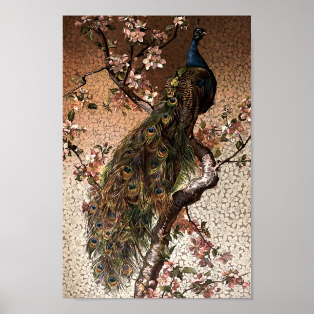 Vintage Art Nouveau Peacock on Flowering Tree Poster (Front)