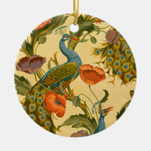 Vintage Art Nouveau Peacock Poppy Floral Pattern Ceramic Ornament