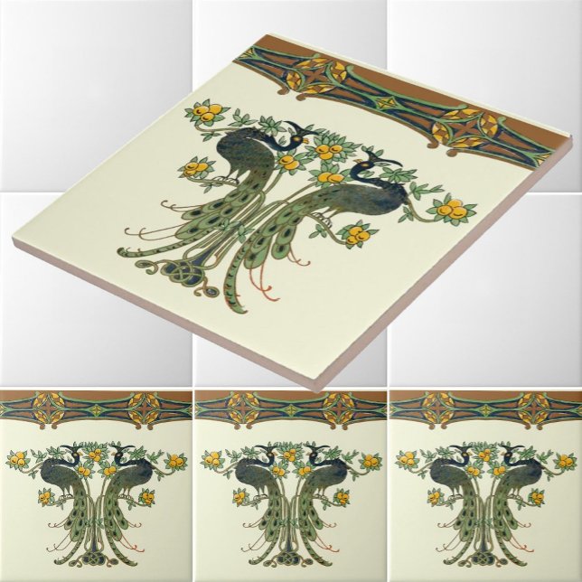Vintage Art Nouveau Peacocks & Fruit Trees Frieze Ceramic Tile (Creator Uploaded)