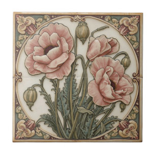Vintage Art Nouveau pink Poppies Floral Ceramic Tile