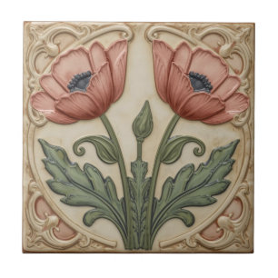 Vintage Art Nouveau pink Poppies Floral Ceramic Tile
