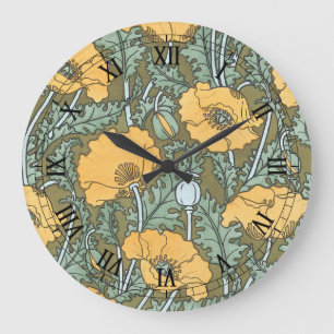 Vintage Art Nouveau, Poppy Flowers in Garden Large Clock