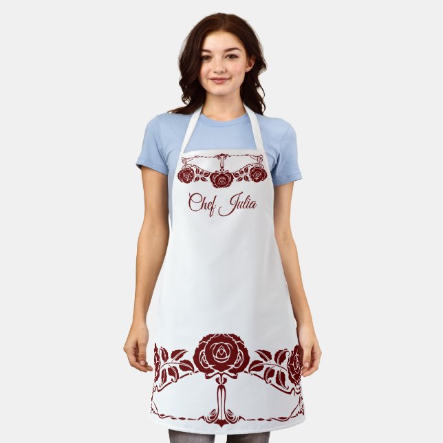 Vintage Art Nouveau Red Garden Roses Apron (Worn)