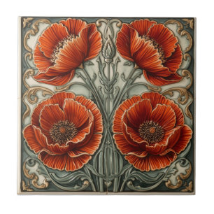 Vintage Art Nouveau Red Poppies Floral Ceramic Tile